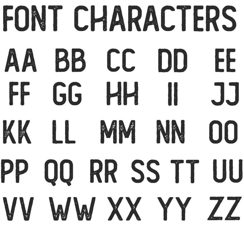 May include: A black and white image of the alphabet in a blocky, distressed font. The letters are arranged in rows of five, with each letter repeated twice.