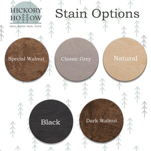 May include: Stain color options for wood: Special Walnut, Classic Grey, Natural, Black, and Dark Walnut. "Hickory Hoow Real Wood Real Love" is printed at the top of the image.