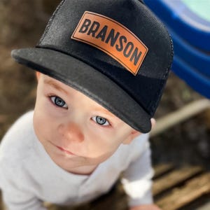 Leather Patch Hat, Personalized, Flat Bill, Custom Infant Toddler Kids Youth Snapback Hat, Trucker Mesh Back Hat Boy, Boy Name Hat