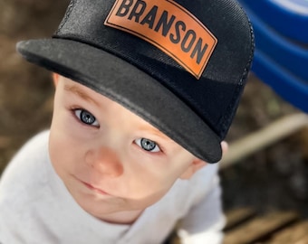 Leather Patch Hat, Personalized, Flat Bill, Custom Infant Toddler Kids Youth Snapback Hat, Trucker Mesh Back Hat Boy, Boy Name Hat