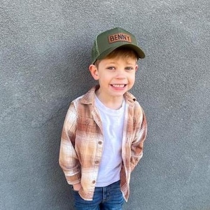 Leather Patch Hat, Personalized, Flat Bill, Custom Infant Toddler Kids Youth Snapback Hat, Trucker Mesh Back Hat Boy, Boy Name Hat