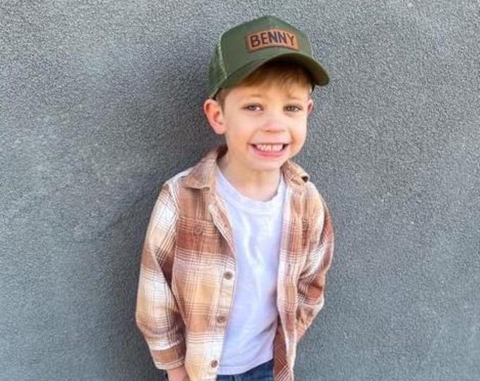 Leather Patch Hat, Personalized, Flat Bill, Custom Infant Toddler Kids Youth Snapback Hat, Trucker Mesh Back Hat Boy, Boy Name Hat