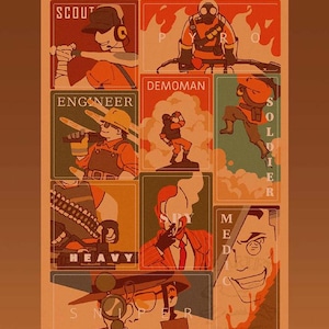 May include: A sticker sheet featuring the nine characters from the video game Team Fortress 2. Each character is depicted in a retro-style illustration with a red, orange, and yellow color scheme. The characters include Scout, Pyro, Demoman, Engineer, Heavy, Soldier, Medic, Sniper, and Spy. The sticker sheet is 5 inches by 7 inches.