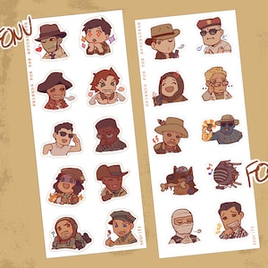 May include: A sheet of stickers featuring cartoon characters in various poses. The stickers are designed in a retro style with a color palette of browns, yellows, and reds. The text on the stickers reads "Friends for the Apocalypse".