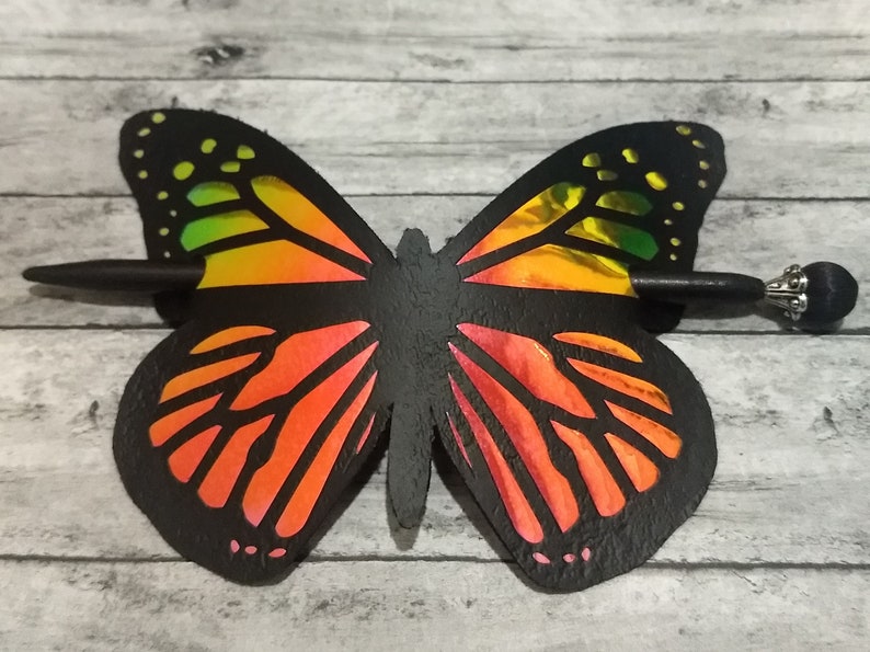 Holographic Butterfly Hair Slide Stick Barrett Vegan Leather Accessories for Long Hair