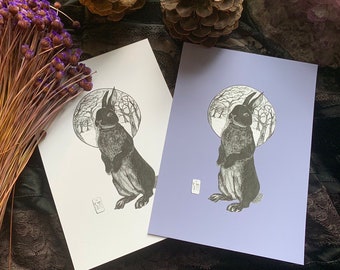 Black Rabbit - 5X7 Fine Art Print - Nature Illustration - Dark Art - Gothic Illustration - Bunny - Dark Aesthetic