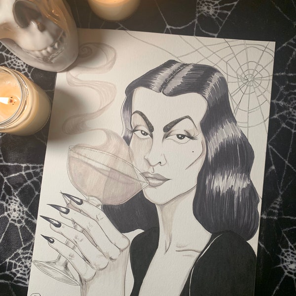 Vampira's Cocktail - 5x7 Fine Art Print - Maila Nurmi - Dark Art - Gothic Illustration - Vamp - Horror Hostess - Goth Home - Classic Horror