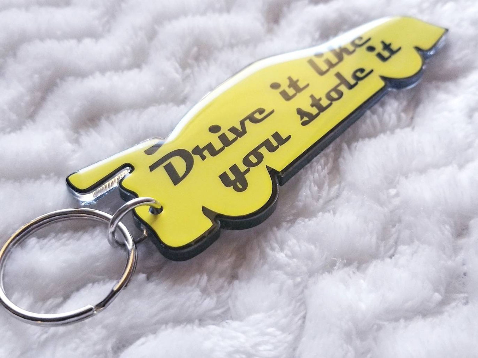 Car Keychain Gift for Men, Yellow Sports Car Key Fob, Drive It Like You Stole It Key Ring, Small