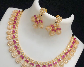 American diamond necklace set Gold plated | CZ diamond ruby stone necklace | Emerald necklace and earring set | South Indian bridal Jewelry