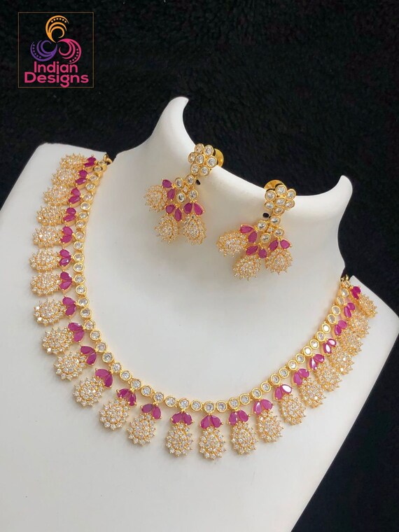 American Diamond Necklace Set Gold Plated CZ Diamond Ruby Stone