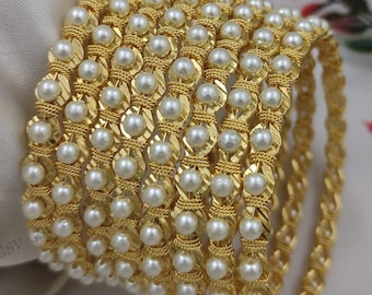 Gold plated pearl bangles for women| stackable white pearl kada set| indian bridal wedding jewelry| lightweight daily wear bangles - 8pcs