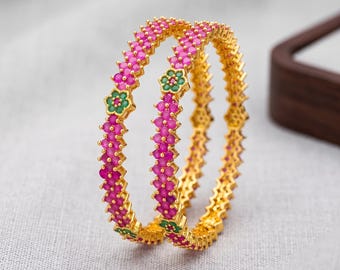 2.8 Size Ruby Stone Bangles Set| Gold Plated Indian Bangles set of 2| Pink Stone Bracelet |Indian Jewelry| Bridal Bangles| gift for her