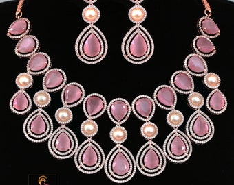 Rose Gold American Diamond Indian Wedding Jewelry |Baby Pink CZ Bridal AD set |Indian Pakistani festive Wedding choker Jewelry|Gift For Her