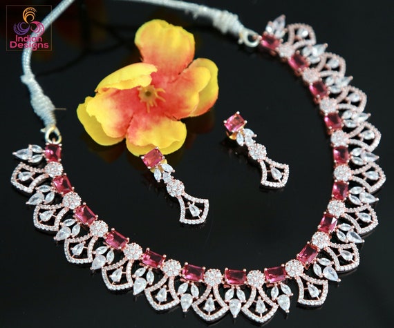 Indian Rose Gold Plated Mint Pink Diamond Necklace Jewellery Set for Women