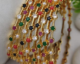 Gold Plated Multi Stone Bangle Set| Colorful Indian Bangles| Stackable Ethnic Bangle| Pearl Stone Bracelet| Navratna Gold Tone Bangles