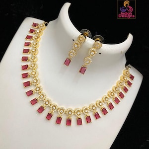 AD stone choker Necklace and Earring set| Statement jewelry| Gold plated necklace| Indian Jewelry| American Diamond necklace| Gift for her