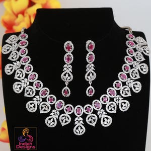 Ruby CZ Stone Silver Necklace Set with Long Earrings| AD Bridal Choker Set| Indian Wedding Jewelry| Party Wear Necklace Set| Gift for her