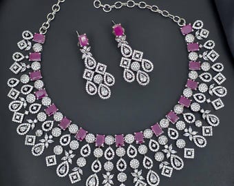 Grand rhodium plated necklace set| intricate diamond look choker| american diamond ethnic bridal jewelry| silver tone ad party wear necklace