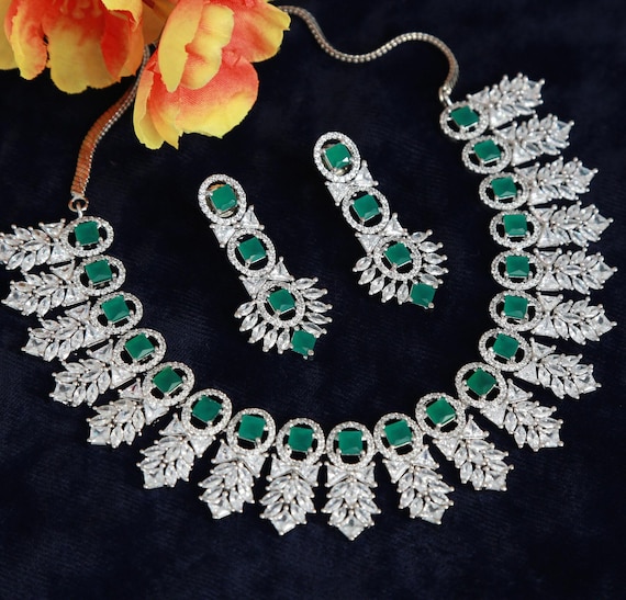 Silver plated Emerald green AD stone necklace set| Bridal statement jewelry| Indian wedding choker necklace and earrings| gift for her