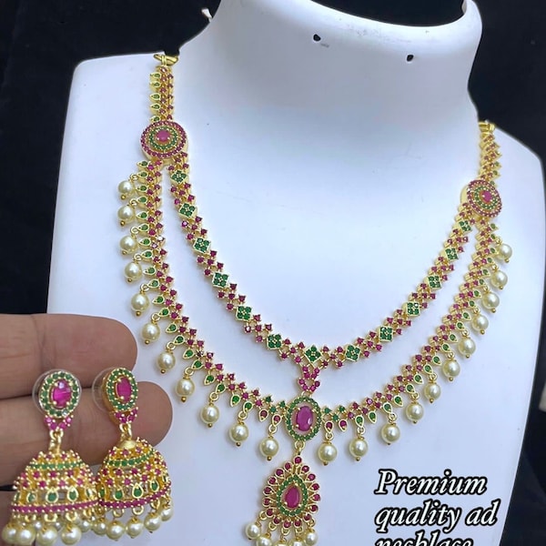 Gorgeous American Diamond Two layer necklace with pearl drops | South Indian style AD color stone Jewelry | Ruby Emerald Crystal Necklace