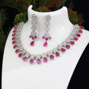 Silver American Diamond necklace set| Beautiful CZ stone statement necklace| Ruby, Emerald,Pink Floral Necklace earrings set | gift for her