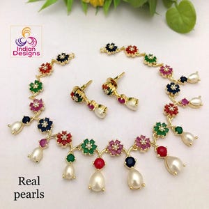 Gold plated pearl ruby emerald necklace | real pearl necklace | american diamond crystal floral necklace with pearl drop choker for wedding