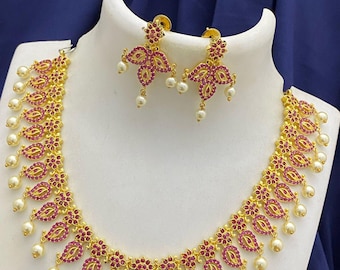 Gold plated american diamond necklace set| ruby and emerald stone indian jewelry| south indian wedding jewelry|cz necklace set| gift for her