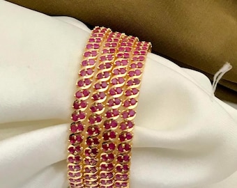Gold plated daily wear ruby and white stone bangles-set of 4| american diamond party wear bangle set| traditional indian style bangles