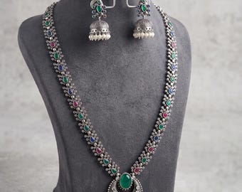 Oxidized Long Necklace Set with Jhumka Earrings| Indian Ethnic Silver Lookalike Temple Jewelry| Party Wear Fancy Jewelry Set| Festive Gift