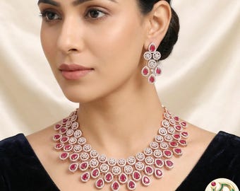 Rose gold ad stone choker necklace set| ruby mint green american diamond bridal jewelry| statement indian wedding necklace with earrings