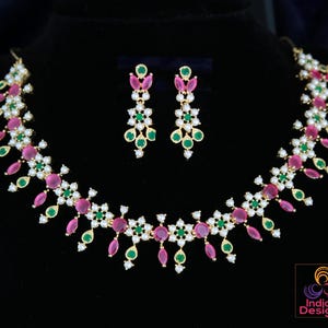 Gold Plated Pink & Green Pearl Necklace Set| Pearl and stone jewelry set|Statement Wedding necklace| Bridal Necklace and Earrings|Gift idea