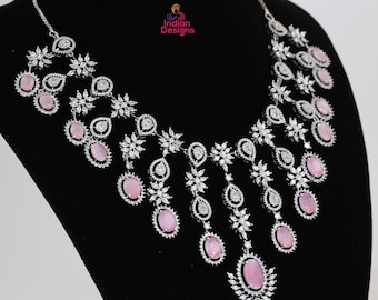 American diamond pink bridal necklace set-silver plated | cz choker necklace for wedding | unique design cubic zirconia wedding necklace set