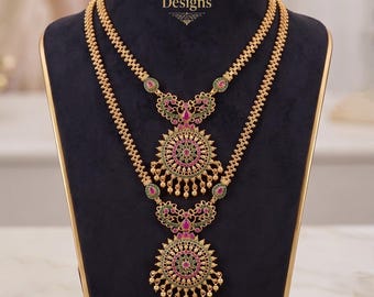 Traditional South Indian Temple Jewelry Necklace Combo| 2-Piece Long & Short Haram Set| Antique Gold Set| Statement Necklace| Gift for Her