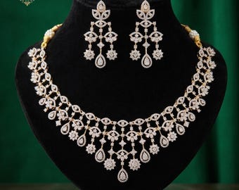Luxury AD Necklace Set with Earrings | CZ Choker Necklace | Bridal Wedding Jewelry | Gold Finish American Diamond Necklace| Gift for Her