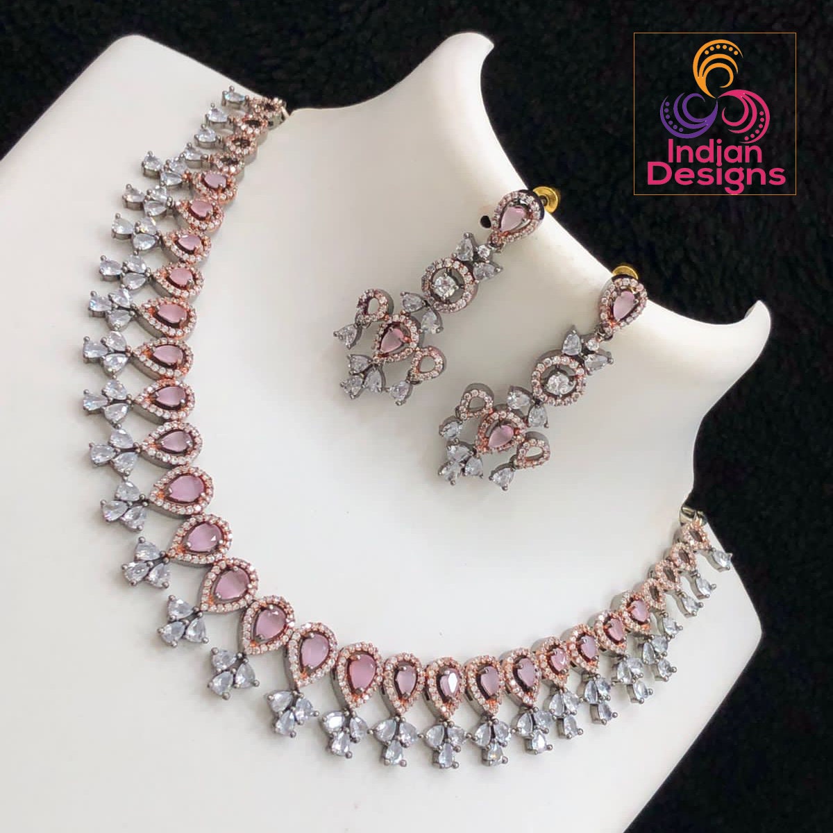 Indian Rose Gold Plated Mint Pink Diamond Necklace Jewellery Set for Women