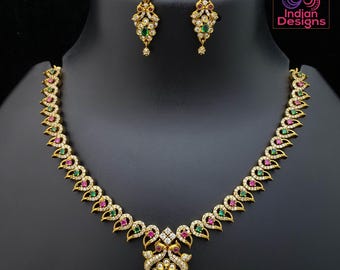 Antique gold ruby & green necklace earrings set| traditional ad stone choker| south indian wedding party wear jewelry set | gift for her