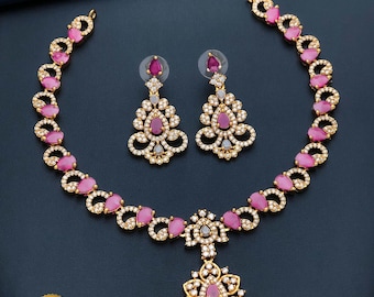 Matte Finish AD Necklace Set| American Diamond Jewelry| Lightweight Bridal Necklace with Earrings| Indian Designs
