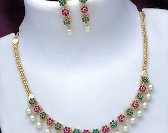 American diamond multi-color stone necklace and earring set| gold plated floral design simple necklace| bollywood style cz set| gift for her