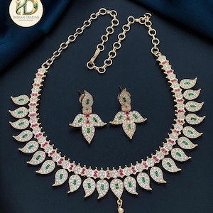 American diamond mango design simple choker necklace| south indian style choker | emerald ruby stone necklace| gold choker necklace design