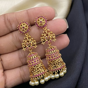 Gold Plated Long Jhumka Earrings | Indian Designs Jhumka collection | Traditional matte gold jhumka earrings | Indian Jhumka jhumki Earrings