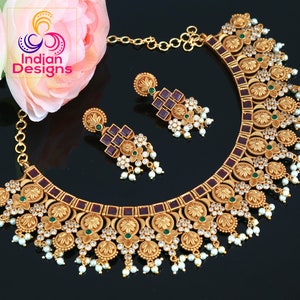 Traditional Indian Bridal Necklace Set with Earrings| Matte gold plated necklace |Indian Wedding Necklace| Ruby kemp stone choker necklace