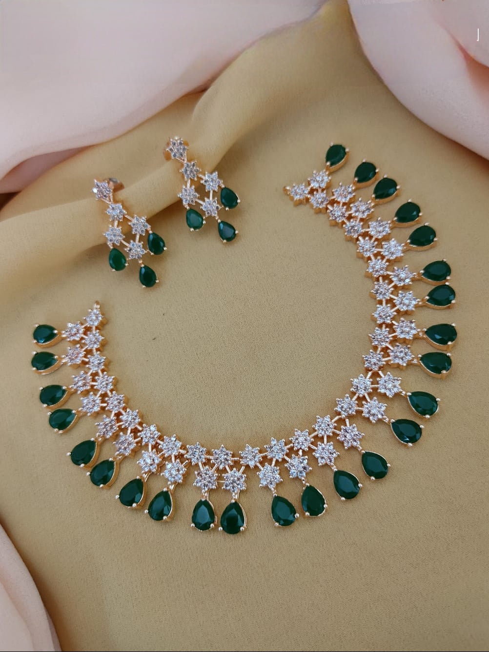 IndianDesignz Rose Gold American Diamond CZ Star Crystal Necklace Earring Set Sky Blue Stone Necklace Baby Pink Ad Stone Indian Jewelry Gift for Her