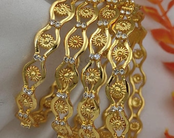 Gold plated daily bangles set of 4| lightweight bangle set| statement wedding bangles| indian traditional party wear bangles| gift for her