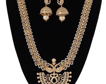 One Gram Gold American Diamond Long Haram Necklace & Jhumka Earrings|Indian Bollywood style Wedding Jewelry|Statement necklace|Gift for her