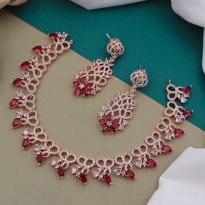 Stylish Rose Gold American Diamond Choker Necklace Earring set| CZ Diamonnd Indian Jewelry| Wedding Jewelry | Elegant Necklace| Gift for her