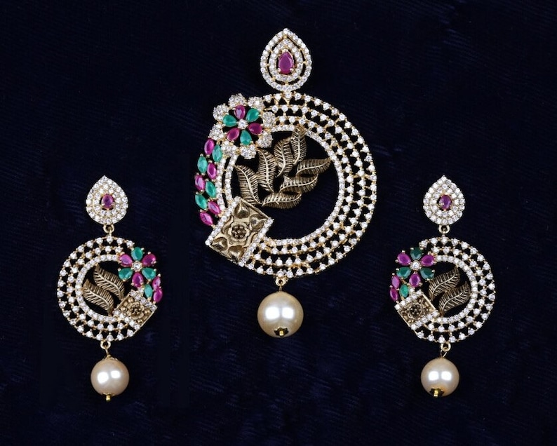 Round Shaped American Diamond Pendant with White CZ Stone and Faux pearl for Women