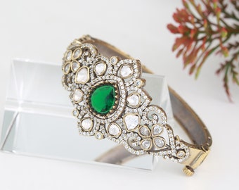 Antique Victorian-Polish Openable Green Crystal Kada Bracelet|Antique Gold Plated Bollywood statement Bangle bracelet| Jewelry Gift for her