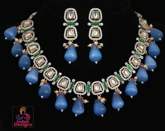 Elegant Traditional Indian Jewelry Set, Bridal Kundan Necklace with Earrings, Ethnic Wedding Jewellery, Statement Blue Teardrop Pendant