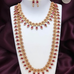 Matte Gold Choker and Long Necklace Combo Set| Emerald Green Ruby Pink Kemp Stone Mango Mala| South Indian Temple Jewelry| Gift for her