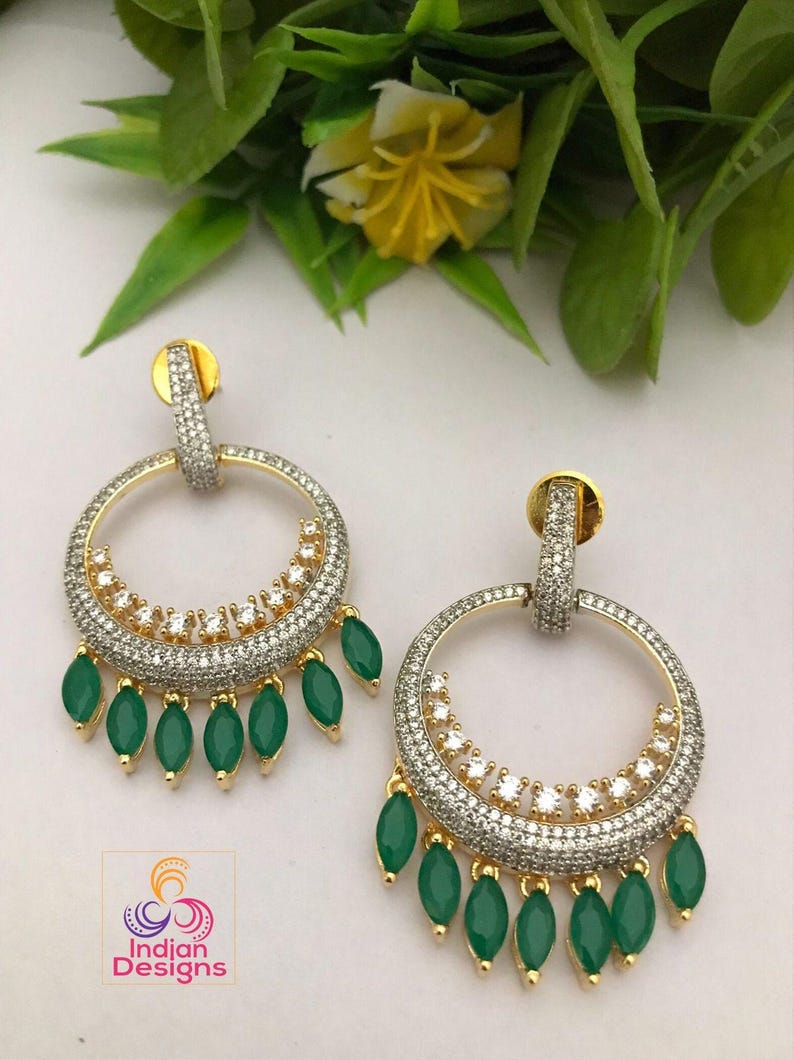 Chandbali earrings designs in gold polish with low price | rose gold cz chandbali | indian wedding earrings | fashion bollywood earrings afbeelding 1
